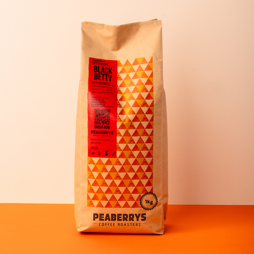 A 1kg bag of Peaberrys Coffee Roasters 'Black Betty' coffee. Deep chocolate from a quality Brazil, fruity cherry notes from Ethiopian, and the creaminess of an estate Colombian. Intense, rich, full of character.